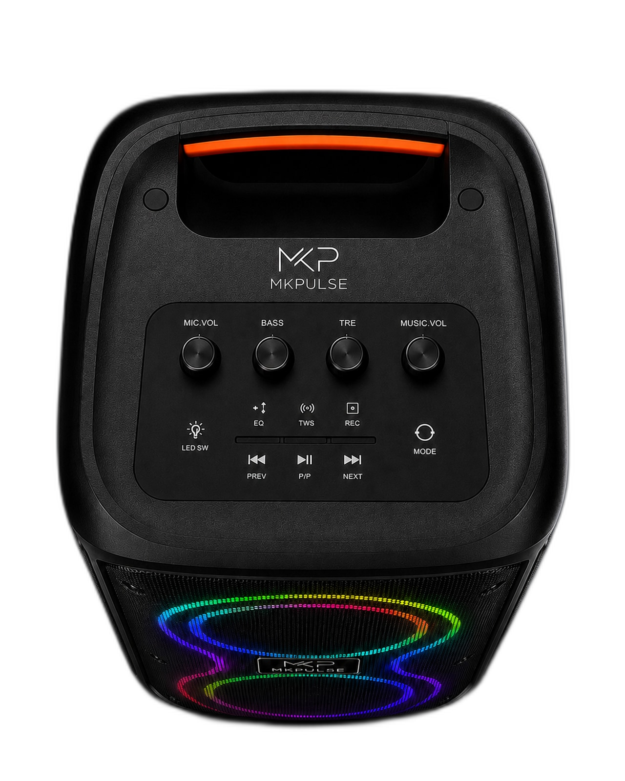 VIBE 6 top control panel with mic volume, bass, treble, music volume and playback controls
