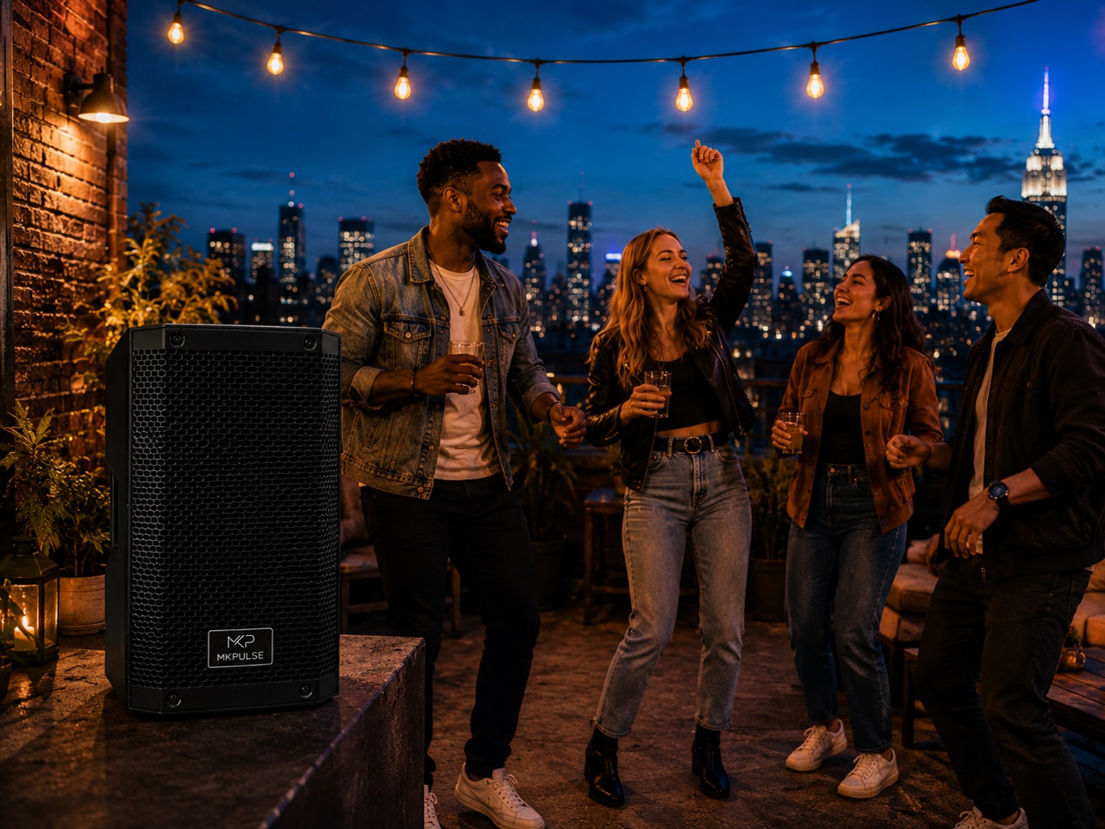 MKPULSE P10 portable PA at a rooftop gathering