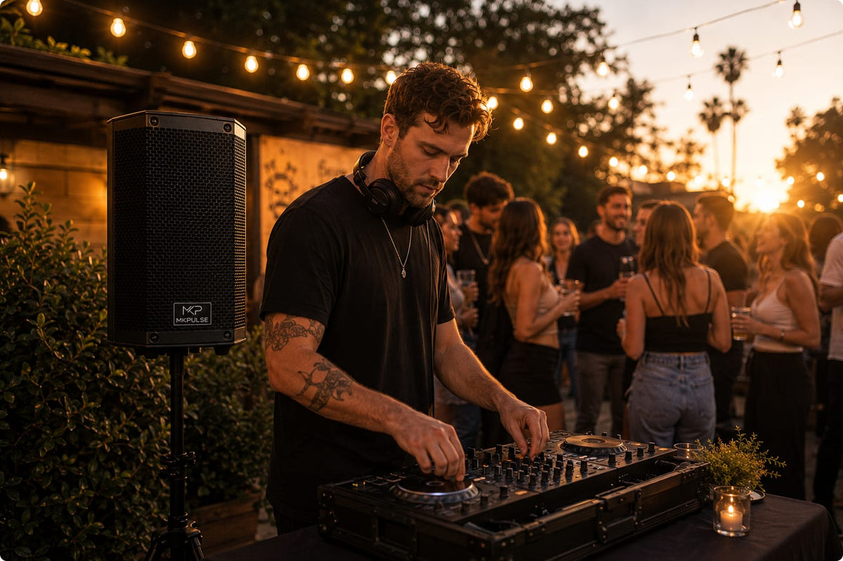 Portable PA speaker set up for an outdoor wedding ceremony