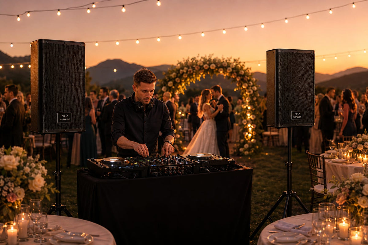 Mobile DJ powered PA speaker setup at an event