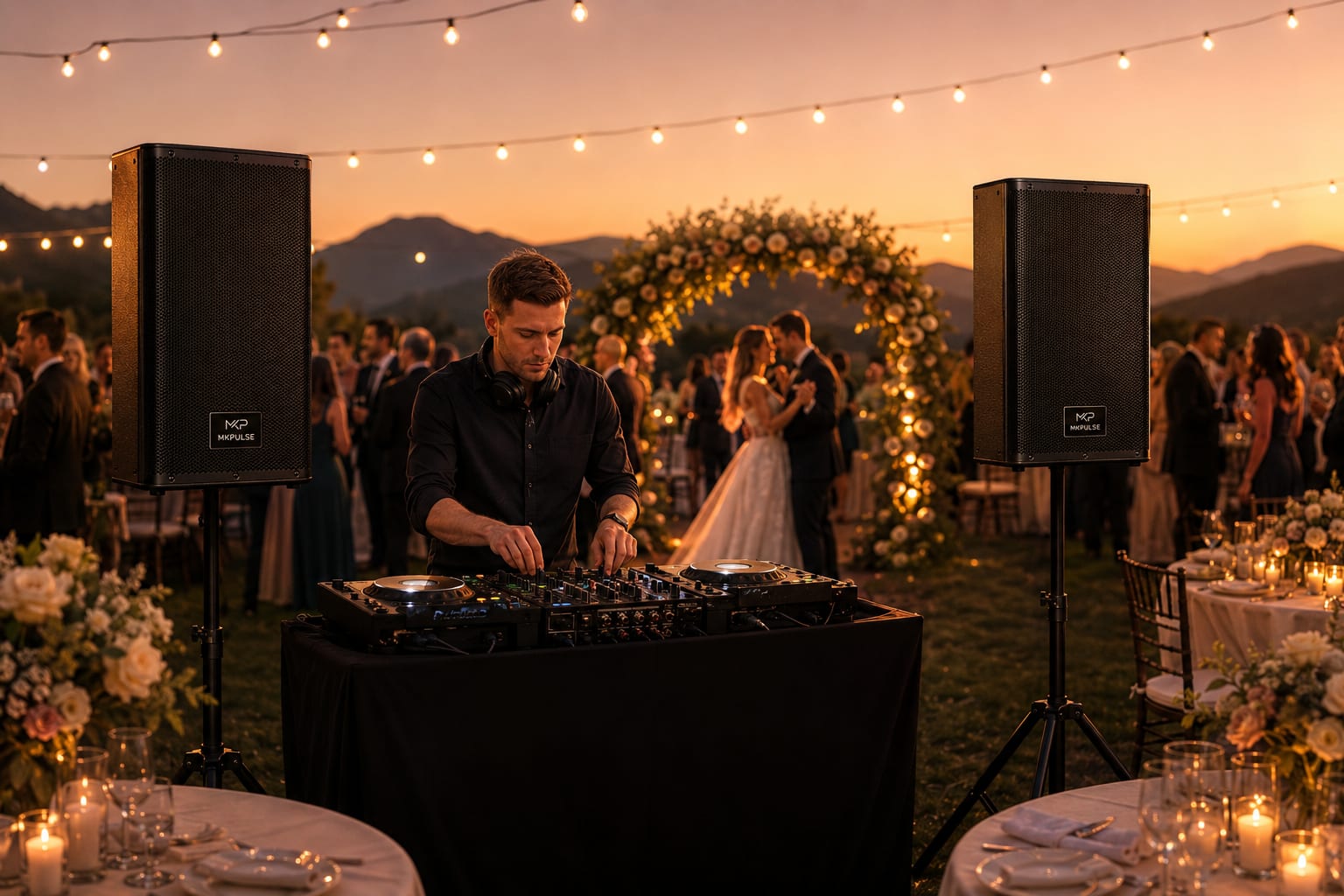 Mobile DJ powered PA speaker setup at an event