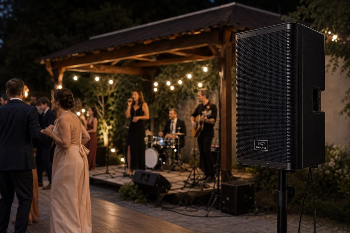 15-inch powered PA speaker set up for a wedding reception and mobile DJ event