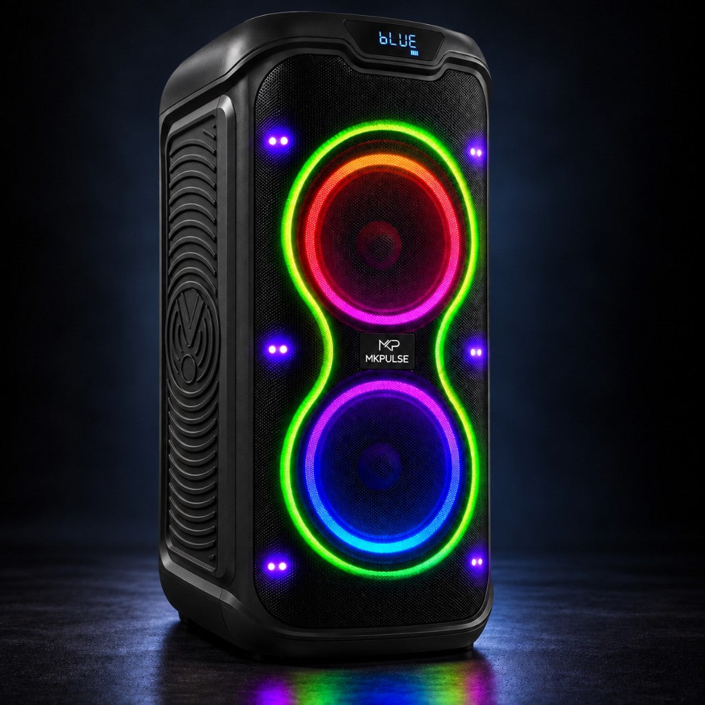 MKPULSE VIBE 6 — front view with dual woofers and dynamic RGB lighting