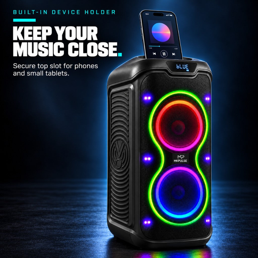 MKPULSE VIBE 6 — built-in device holder keeps your music close