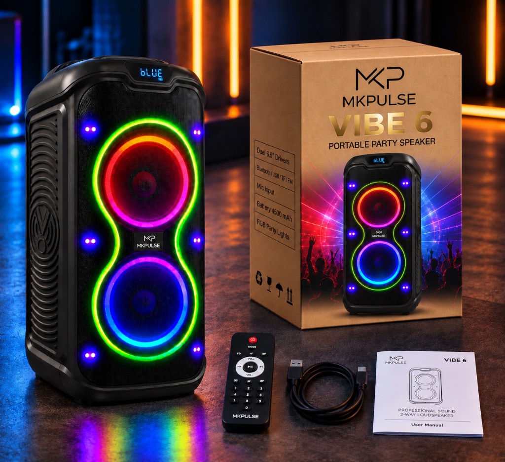 MKPULSE VIBE 6 — what’s in the box: speaker, remote, cable, and manual