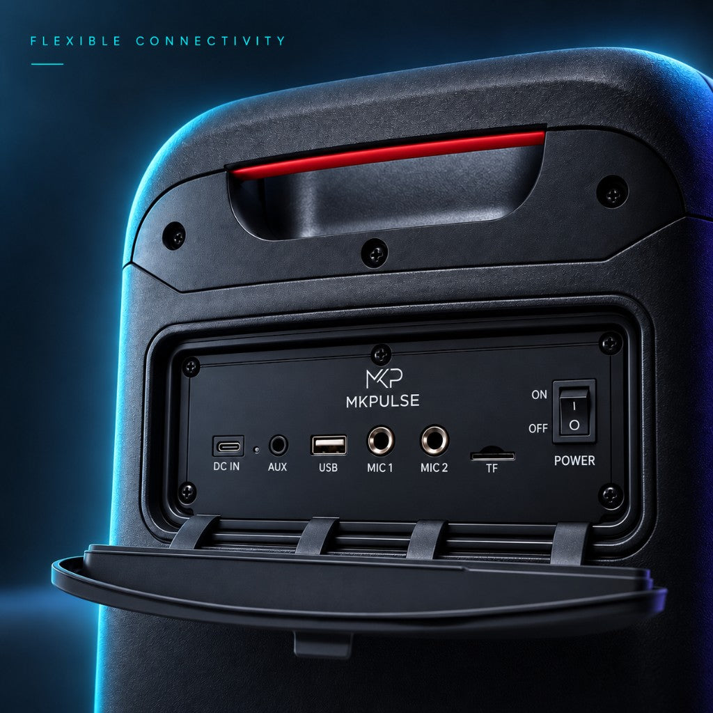 MKPULSE VIBE 6 — rear connectivity: DC IN, AUX, USB, MIC, microSD, power