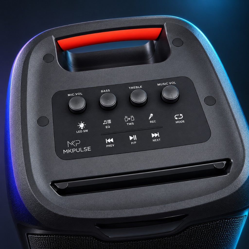 MKPULSE VIBE 6 — top control panel with mic, bass, treble, and music volume