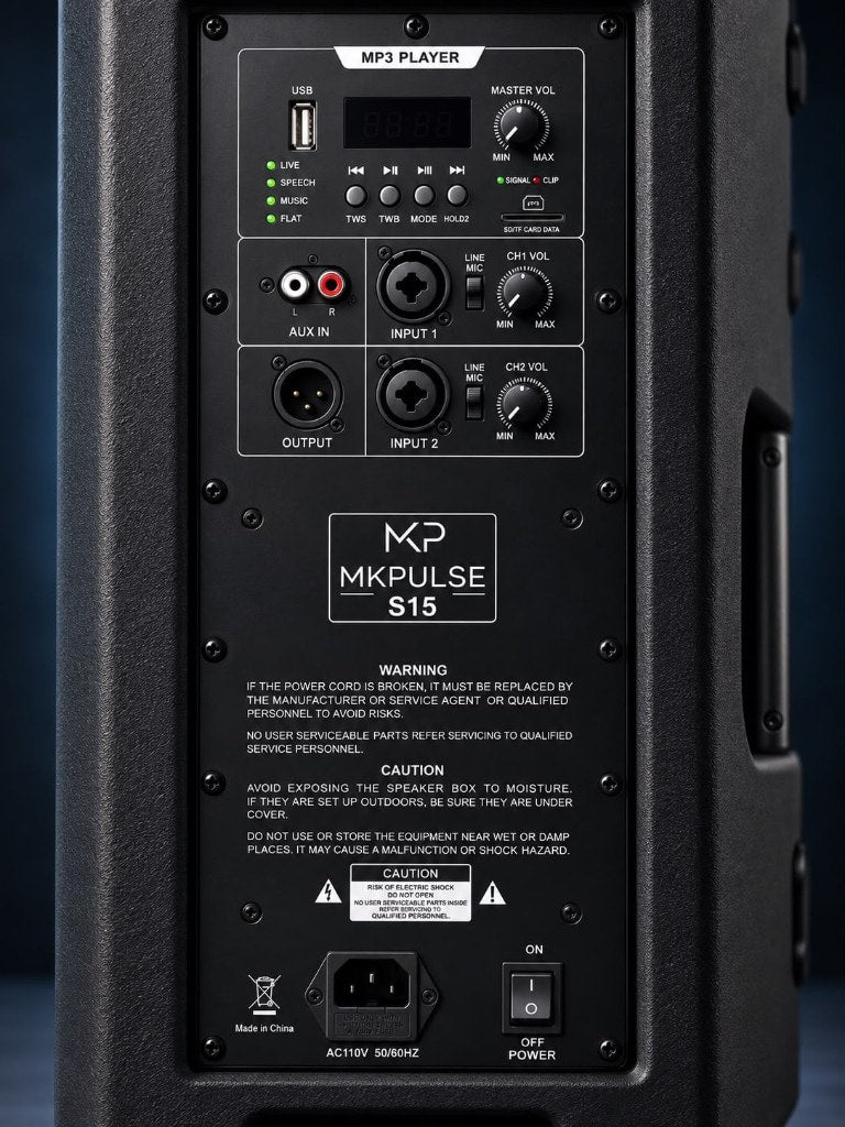MKPULSE S15 rear control panel — combo inputs, media-player display, DSP presets, Bluetooth + TWS, and XLR output